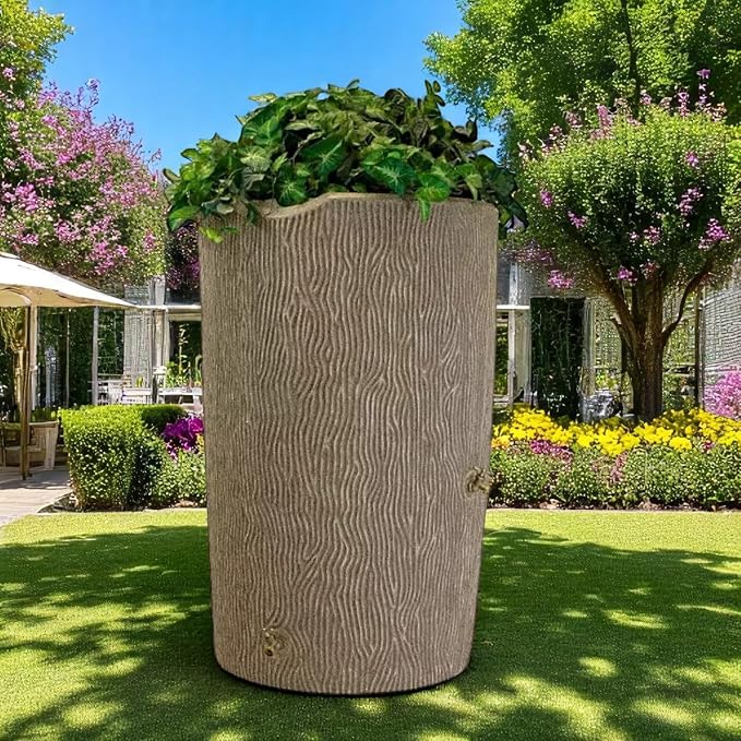 Decorative Rain Barrel with Wood Grain Texture, 90 Gallon Capacity,You can Plant an Array of Floral Arrangements, or Even a Small herb or Vegetable Garden. (Sandstone, 90 Gallon)
