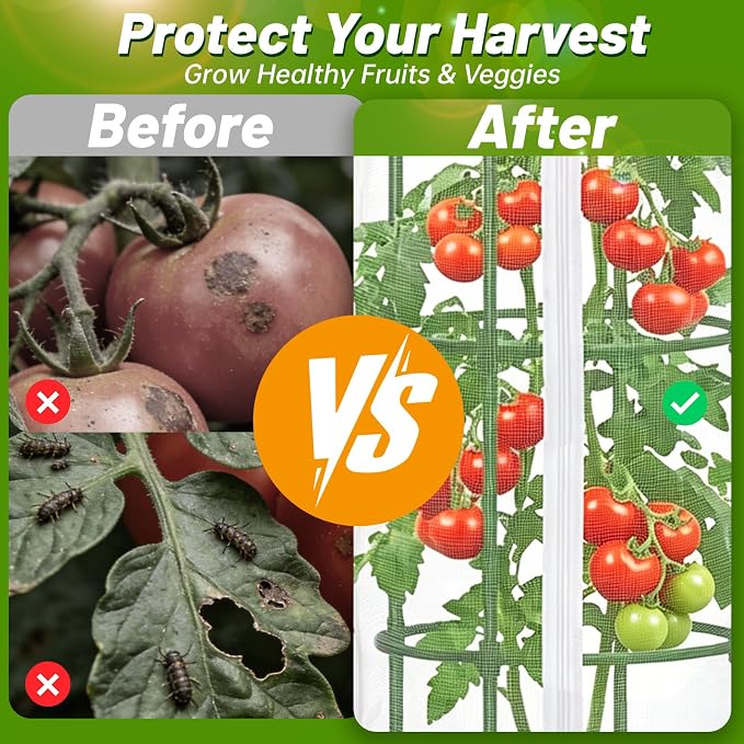 3 Pcs Garden Tomato Plant Cover Netting, Fits 15" x 55" Tall Round Tomato Cage, with Zipper & Drawstring, Garden Bird Netting for Vertical Climbing Vegetables and Fruits (No cage)