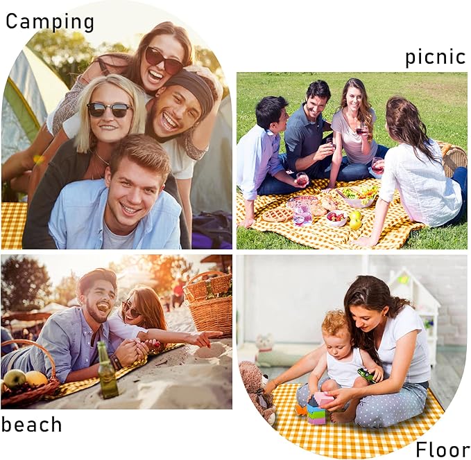 SAMSIER Outdoor Picnic Blankets Waterproof Foldable Sandproof, Extra Large Gingham Cute Picnic Mat Washable Portable for Park Beach Camping Courtyard (Yellow, 80"×80")
