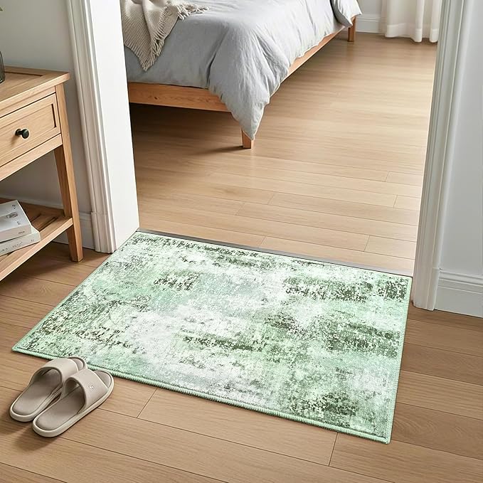 Green Washable Small Area Rug, 2x3 Abstract Non-Slip Door Mat, Modern Low Pile Indoor Entryway Rugs, Stain Resistant Throw Carpet for Front Door, Kitchen, Entry, Inside Entrance