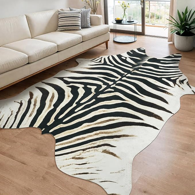 AROGAN Western Faux Zebra Rug, Sturdy Zebra Hide Rugs, Non-Slip 6.2x7 Ft | Premium Animal Skin Print Rug for Wall Decor, Western Floor Carpet for Bedroom Living Room, Black and White