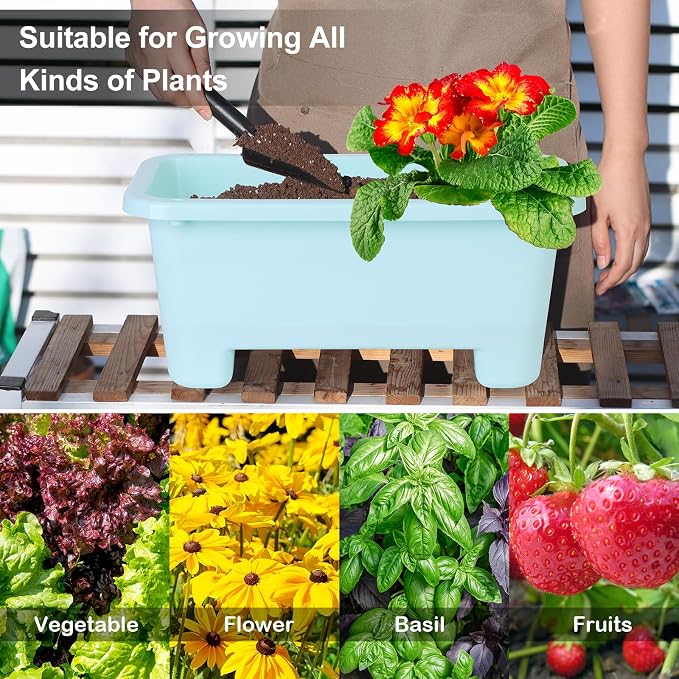 Oliz Self-Watering Rectangle Planter Boxes 8-Pack, 15.7-Inch Window Box Planter with Drainage Holes & Trays, Pots for Vegetables, Herbs, Flowers, Garden Windowsill Balcony (Sky Blue)
