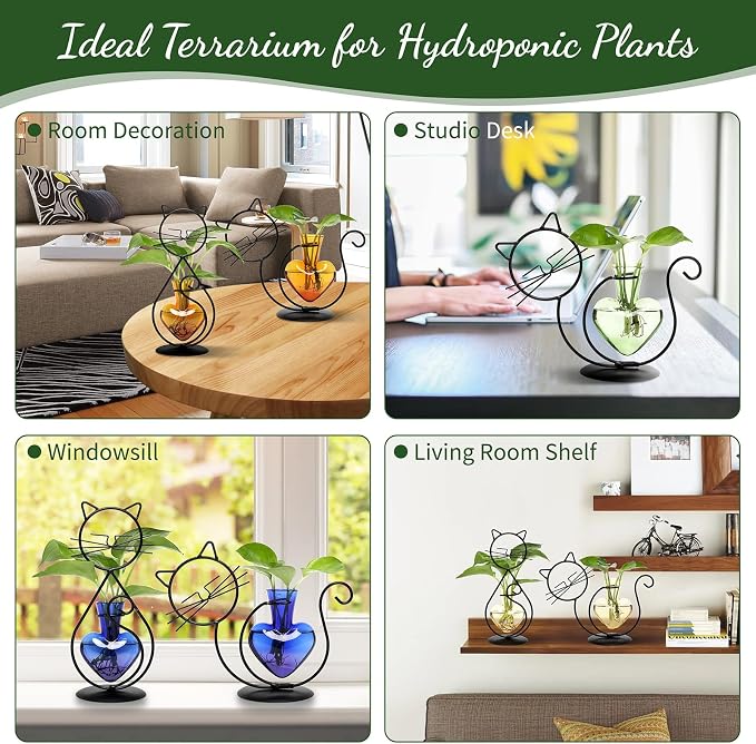 Plant Terrarium Plant Propagation Station Cat Lover Gifts for Women | Plant Lovers Home Office Decor Cat Desk Accessories