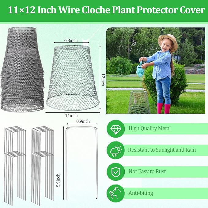 Therwen 6 Pcs Large Plant Wire Cloche 11 x 12 Inch Metal Garden Cloche with Garden Stakes Plant Protector from Animals for Keeping Bunnies Chicken Squirrels Birds (Silver)