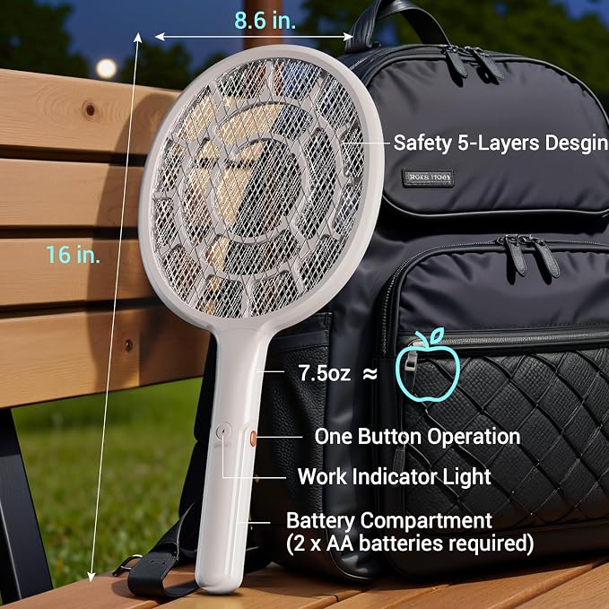 YsChois Electric Fly Swatter, Bug Zapper Companion, Mosquito Killer Racket | Gold Zone Voltage, Densest 3mm Mesh, Apple-Like Weight, AA Battery Operated (not incl) - Pro Swat Tips for Indoor & Outdoor