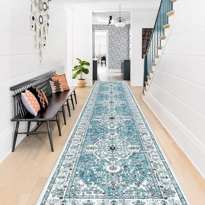 U'Artlines 2' x 12' Boho Hallway Runner Rug, Washable Carpet, Teal | Non Slip, Vintage Farmhouse Accent Area Rug Carpet, for Kitchen Entryway Laundry and Living Room