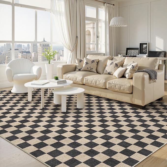 LIVEBOX 10x14 Area Rugs for Living Room, Checkered Non-Slip Washable Rugs, Farmhouse Neutral Classic Geometric Pattern Large Boys Area Rug for Bedroom, Carpet for Dining Room Office (Black,10'x14')