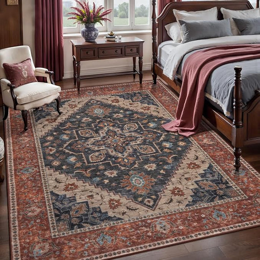 Tangsoo Vintage 4x6 Washable Area Rugs for Living Room, Indoor Non Slip Rug | Oriental Machine Washable Large Rug Carpet, Boho Soft Low Pile Foldable Indoor 4x6 Rug for Dining Room Bedroom Dorm Rust/Dark