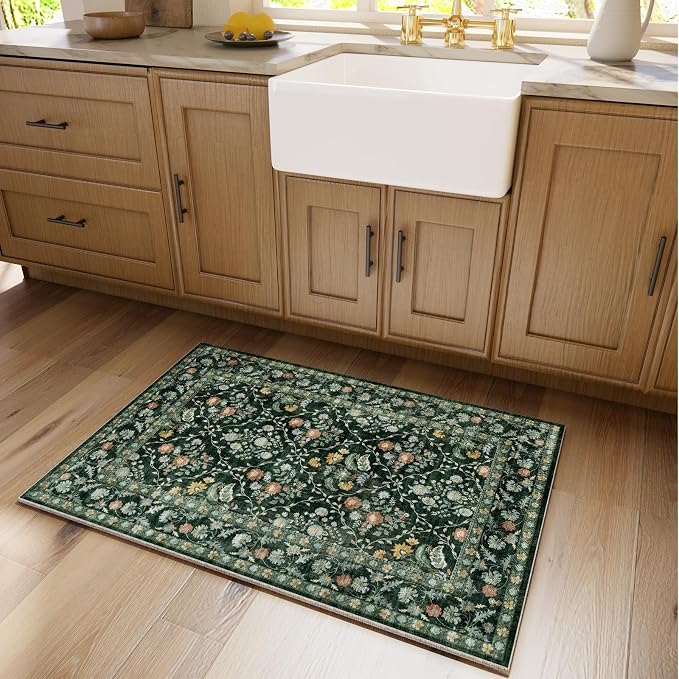 Vintage Botanical Dark Green Entryway Rug, 2x3 Kitchen Rugs Non Slip Washable Boho Green Forest Design, Soft Door Mat Indoor Entrance, Ultra-Thin Easy Clean Small Throw Carpet for Bedroom Bathroom