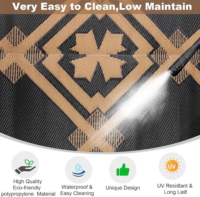 Alfolo Outdoor Rugs 9x12 for Patios Clearance Brown Outdoor Plastic Straw Rug Black and Brown Outdoor Rug Waterproof Reversible Outside Mat with Durable Edges Double Woven Patio,Porch,Rv Camping Rug