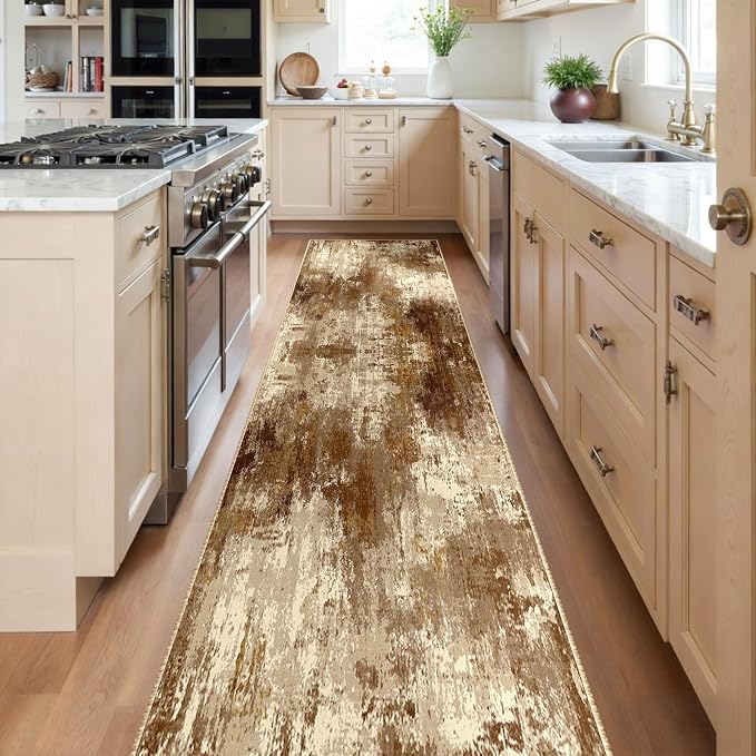 RELEANY Washable Runner 2'x8' Abstract Area Rug for Hallway Brown Tan | Carpet for Kitchen, Entryway, Bathroom, Living Room, Bedroom, Printed Pattern, Non‑Slip, Soft, Stain‑Resistant, Easy to Clean