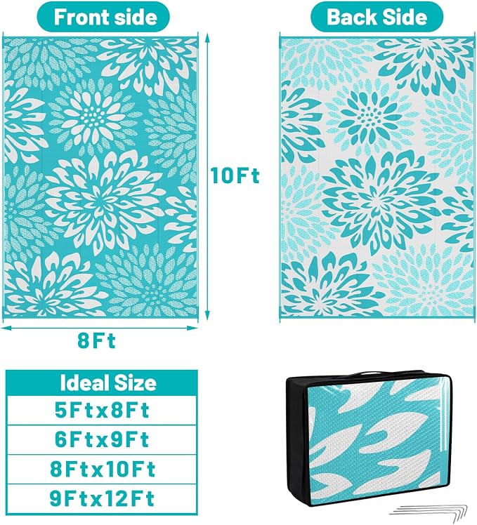 HEBE Waterproof Outdoor Rug 8x10 for Patios, Floral Reversible Plastic Straw Rug Patio Mat, Indoor Outdoor Carpet RV Mat Camping Rug for Deck, Camper, Porch, Balcony, Backyard, Picnic