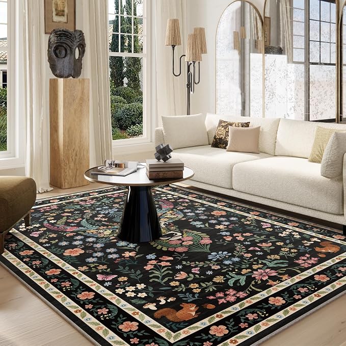 Area Rug Vintage Floral Deer Pattern 6x9 - Bohemian Forest Animal Carpet with Squirrel & Butterfly, Soft Decorative Area Rug for Living Room Bedroom Home Decor