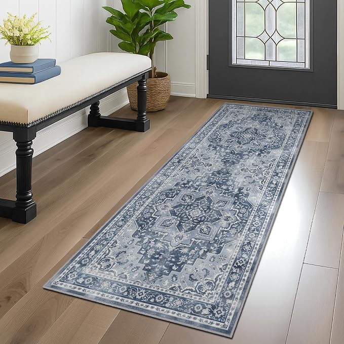 Blue Gray 2x6 Hallway Runner Rug, Carpet Runners 6ft for Kitchen Non Slip Washable, Modern Vintage Floor Runner for Entryway Foyer, Transitional Rug Runner for Bathroom Bedroom Laundry Room