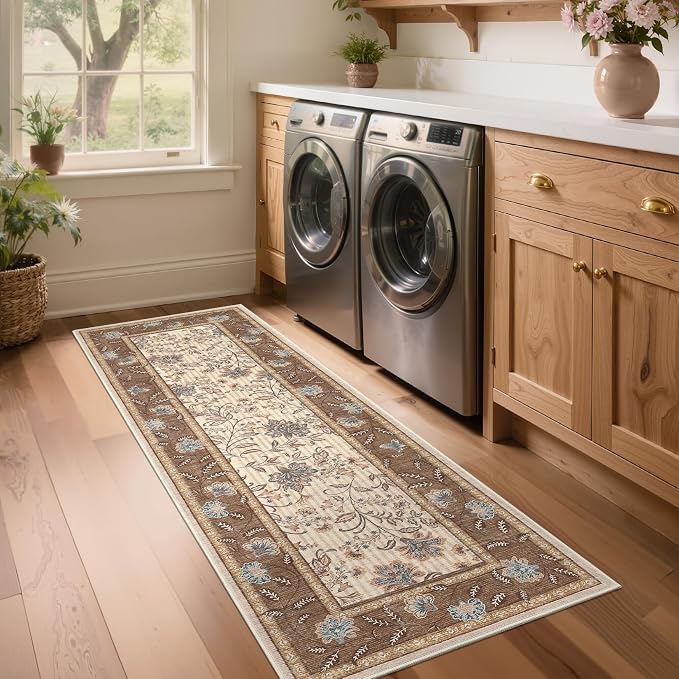 GarveeHome 2x6 Washable Runner Rug Brown Non Slip Kitchen Runner | Hallway Soft Botanical Floral Farmhouse Laundry Mat Stain Resistant Carpet for Bedroom Bathroom Bedside Rug