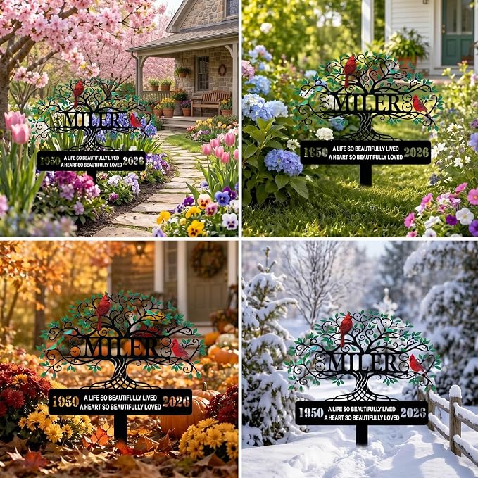 Personalized Tree of Life Cardinal Memorial Yard Sign Decor | custom name cardinal memorial yard sign with stakes garden plaque sympathy gift for mom outdoor decor for loss of loved one