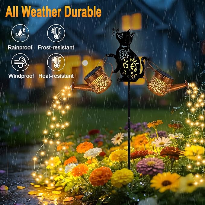 2 Pack Solar Watering Can Lights Waterproof, Metal Hanging Lantern Lights with Cat Silhouettes Stakes, Outside Garden Decor for Yard Patio Pathway, Gifts for Women Mother's Day Cat Lover Warm White