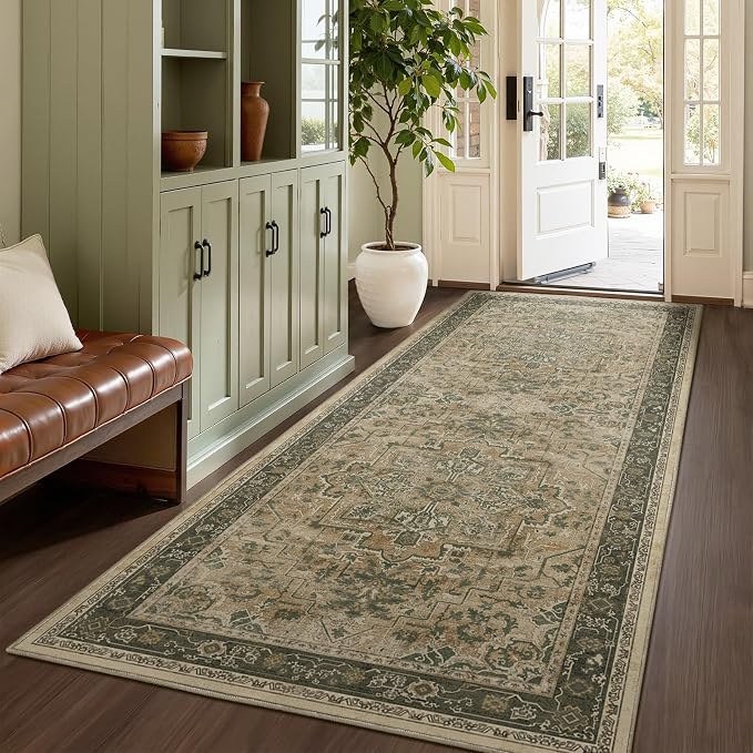 Moody 4x8 Area Rugs for Long Living Room, Washable Non Slip Wide Large Runner for Entryway Hallway 8ft, Retro Distressed Medallion Carpet Rugs for Bedroom/Kitchen/Dining Room, Multi Brown/Olive