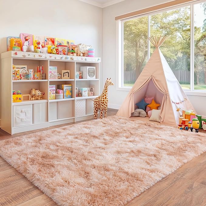 Rugs for Bedroom, Ultra Fluffy Fuzzy Shag 5x7 Area Rug for Living Room, Modern Plush Soft Upgrade Non-Slip Carpet for Kids Girls and Boys, Dorms, Nursery, Home Decor, Tie-Dyed Beige