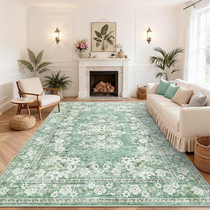 GarveeHome 3x5 Floral Rug for Dining Room Vintage Floral Floor Carpets | Boho Flower Accent Mat Machine Washable Non-Slip Botanical Bordered Rug for Living Room Bedroom Nursery Room Sage Green