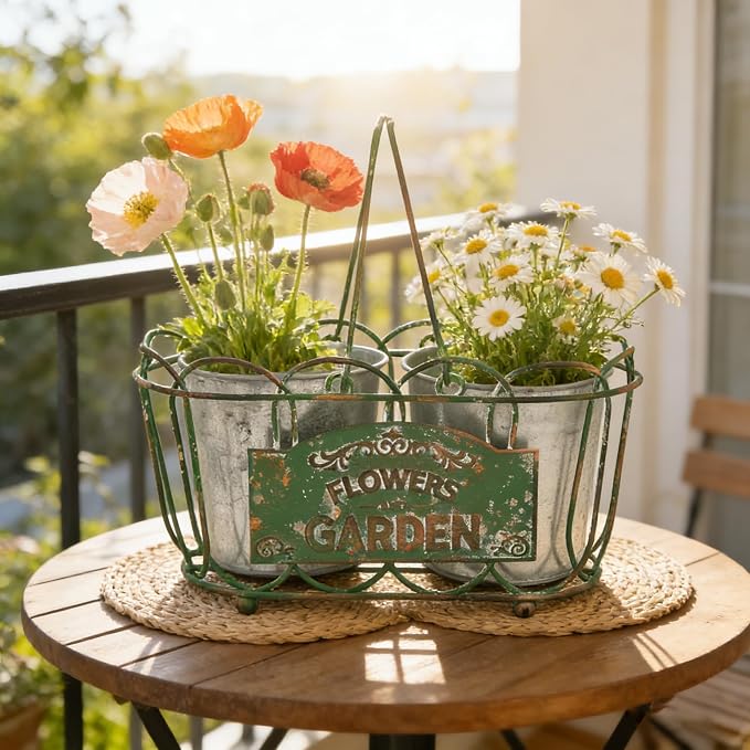 Vintage Green Iron Planter Basket with 2 Metal Flower Pots - Rustic Farmhouse Plant Holder for Indoor Outdoor Balcony, Window Sill, Tabletop Decor (Green#3)