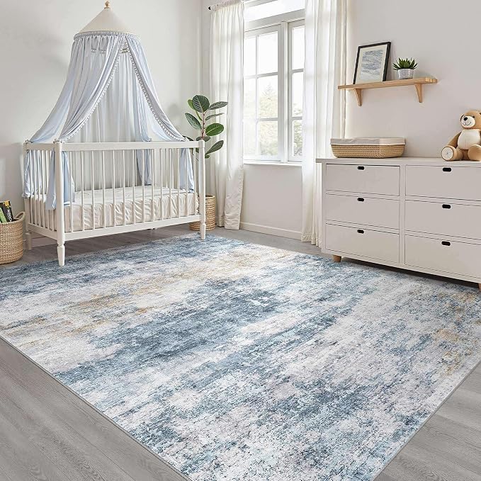 LOONGRUG 7x10 Area Rug Washable Neutral Modern Living Room Rug Blue Gold | Abstract Soft Stain Resistant Indoor Non-Slip Carpet for Bedroom Nursery Kids Office Playroom Dining Room