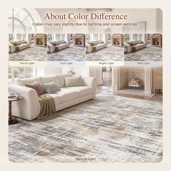 UERMEI 9x12 Area Rug for Living Room Washable Abstract Grey/Rust/Brown | Low Pile Non-Slip Soft Neutral Modern Carpet Kid Pet Friendly Large Rugs For Bedroom Dining Room Nursery Office Indoor Decor