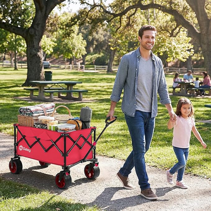 Sekey 250L Wagons Carts Foldable with Big All-Terrian Beach Wheels, Collapsible Heavy Duty Wagon, Extra Large Folding Wagon,Foldable Wagon for Camping, Garden, Sports. Pink