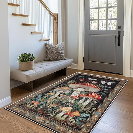 Botanical Mushroom Area Rug for Living Room Vintage Butterfly 3x5 Entryway Rug Modern Farmhouse Mushrooms Rugs Non Slip Low Pile Machine Washable Floor Carpet for Indoor Bedroom Dining Room Kitchen