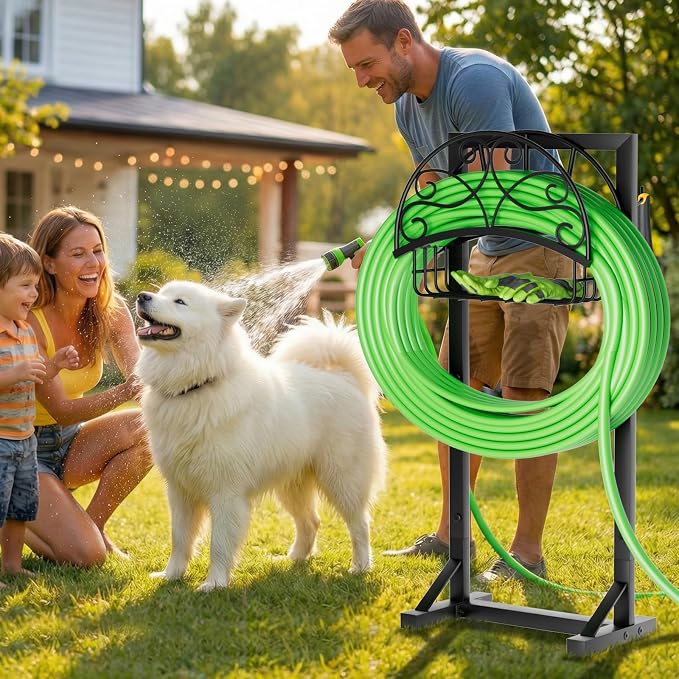 Heavy-Duty Garden Hose Holder with Storage Basket and Tool Hooks, Stable Freestanding Hose Stand Holds 160Ft, Metal Hose Hanger, Rustproof Water Hose Holder Storage for Outside,Yard,Lawn,Farm
