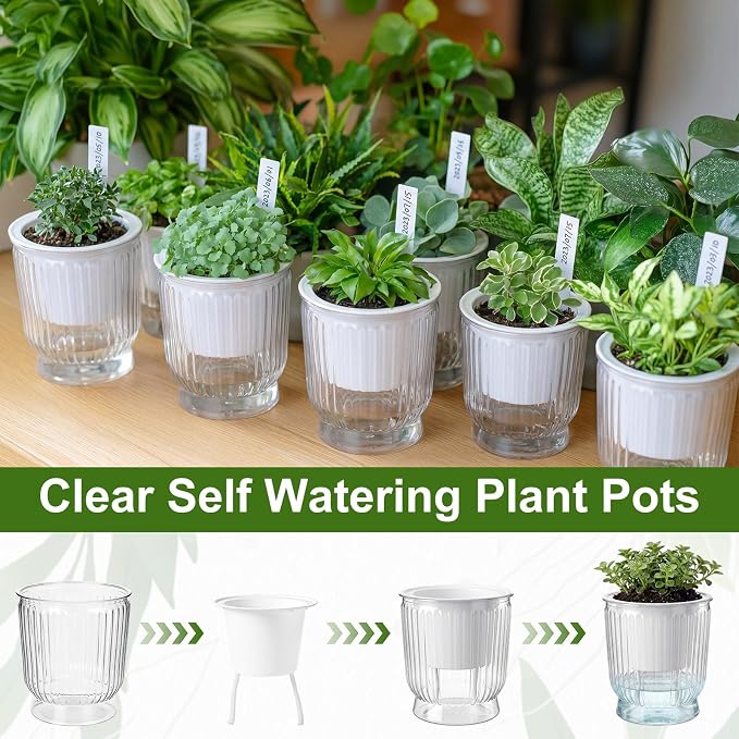 20 Sets 4 Inch Self Watering Pots Bulk Small Plant Pots with Inner Reservoir, Clear Self Watering Wick Planter Plastic Plant Labels for Indoor Succulents Herbs Flowers Pothos