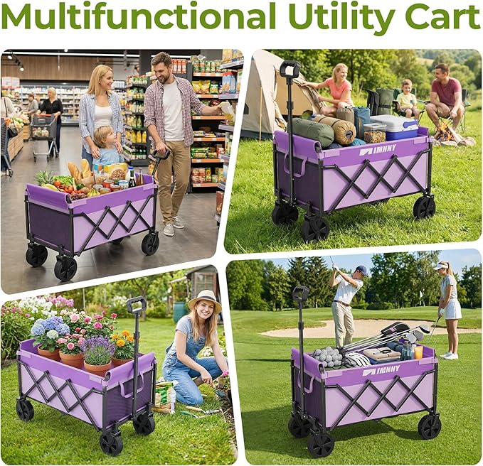Purple Small Collapsible Wagon Cart, Lightweight Folding Utility Cart with Wheels, 220lbs Capacity Portable Grocery Cart for Sporting Events, Garden, Shopping (Purple)