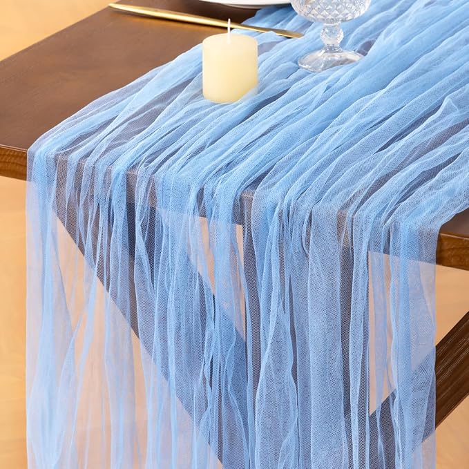 Socomi Blue Cheesecloth Table Runner Tulle Gauze Cheese clothBoho Rustic 120 inch 10FT Runner for Wedding Party Baby Shower Birthday Holiday Decorations 1pc