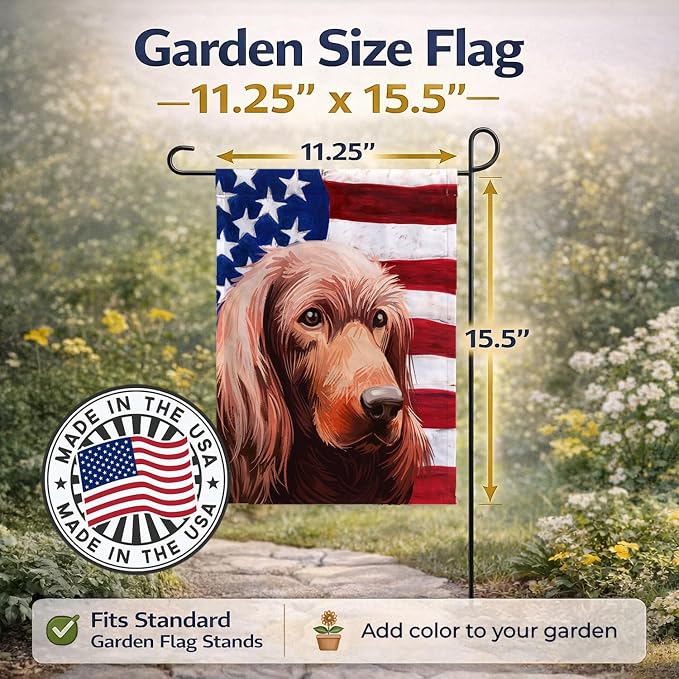 Caroline's Treasures CK6570GF Irish Setter Dog American Flag Garden Flag Mailbox Flag Decorative Yard Flag Banner Outside Patio Artwork Yard Flower Beds, Garden Size, Multicolor
