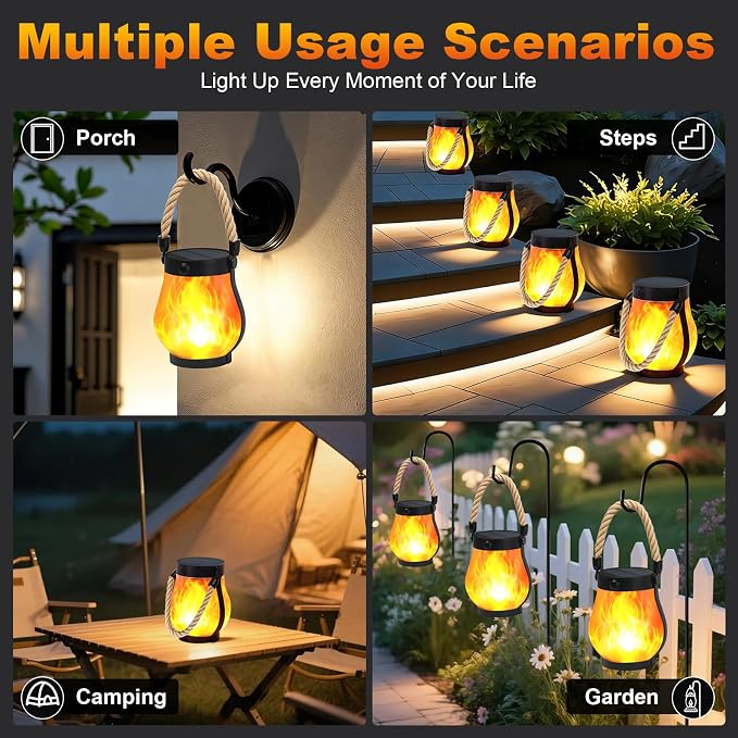 Solar Lanterns Outdoor 4-Pack with Ultra-Real Flame Lights, Dual Charging (USB/Solar), 2 Modes & Outdoor Waterproof Design — Decorative Hanging/Table Lights for Yard, Patio, Garden