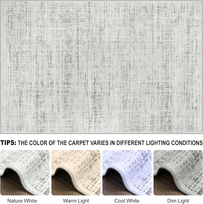 5x7 Washable Area Rug for Living Room Bedroom: Non-Slip Modern White Gray | Machine Washable TPR Backing, Stain-Resistant Low Pile, Pet & Kid Friendly, Abstract Decor for Dining Room, Dorm, Home Office