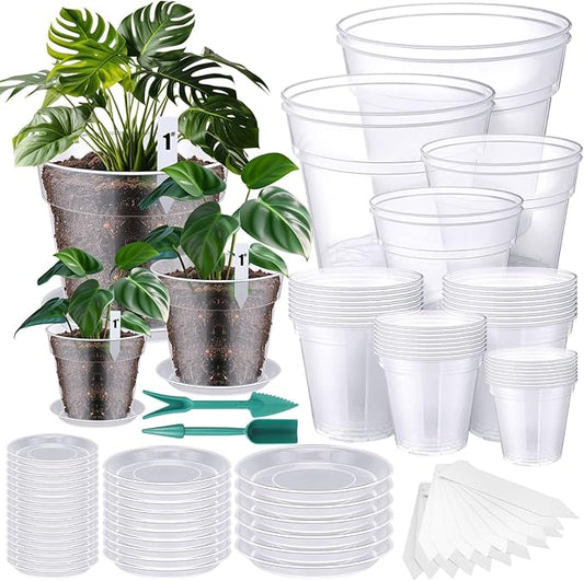 Domensi 40 Pack Clear Nursery Pots 3/4/5/6/7/8/9/10 Inch Plastic Plant Pots with Drainage Holes and 32 Trays Garden Seedling Pot with 40 Plant Labels 2 Garden Tools for House Plants Flowers