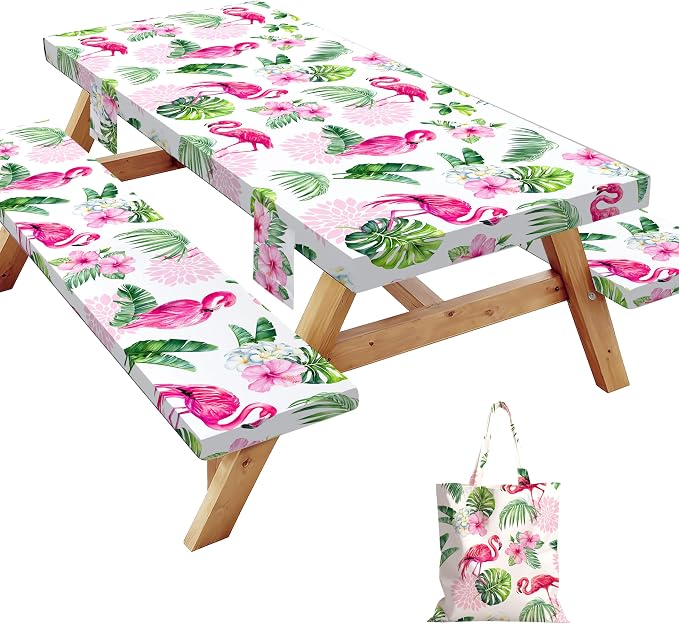Picnic Table Cover with Bench Covers Elastic,Fitted Table Cloths for Rectangle Tables 6 Foot Washable,Waterproof Tablecloth for Outdoor Camping Essentials Accessories(6 Foot,Flamingo)