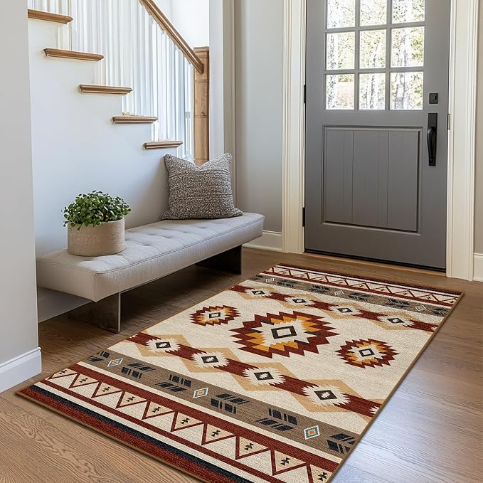 3x5 Western Aztec Area Rug for Bedroom Entryway Hallway Southwestern Boho Rug Machine Washable Non-Slip Carpet for Bathroom Kitchen Bedside Dining Room