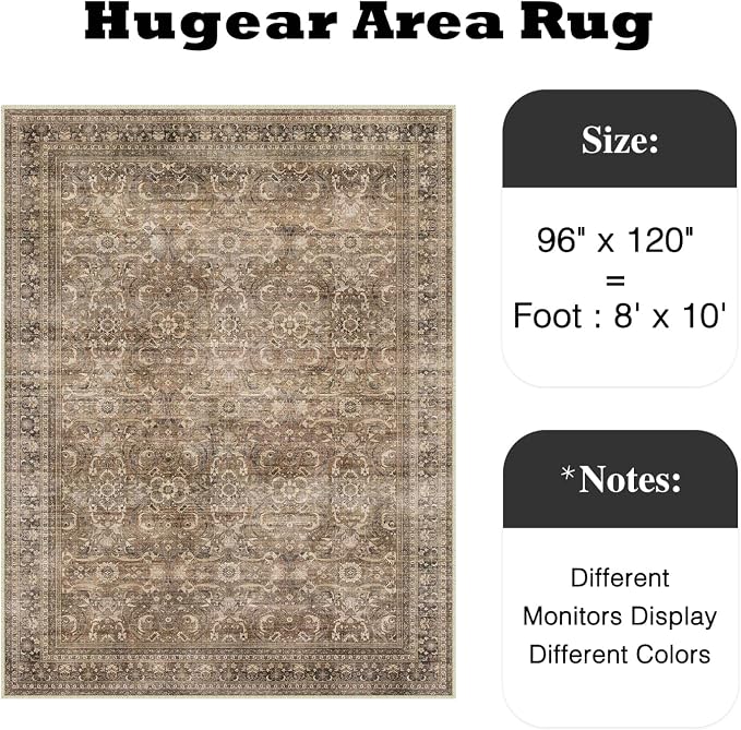 8x10 Brown Vintage Distressed Washable Area Rug for Living Room | Low Pile, Non Slip, Retro Style, Soft Distressed Large Area Rug for Living Room, Bedroom, Dining Room, Office, Home Decor