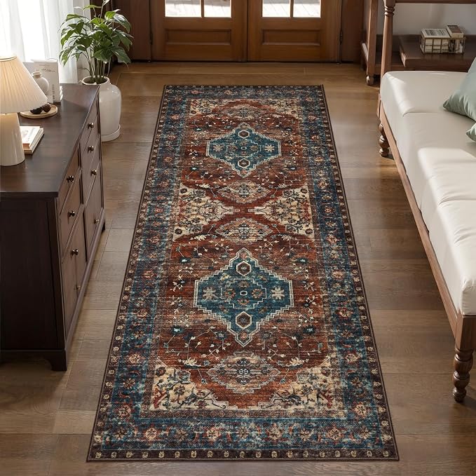Tangsoo Oriental 2x6 Washable Runner Rugs for Hallways, Non Slip Runner Rug | Vintage Soft Low Pile Long Rug Runner, Boho Print Carpet Runners for Kitchen Bedroom Entryway Bathroom Living Room Rust/Blue