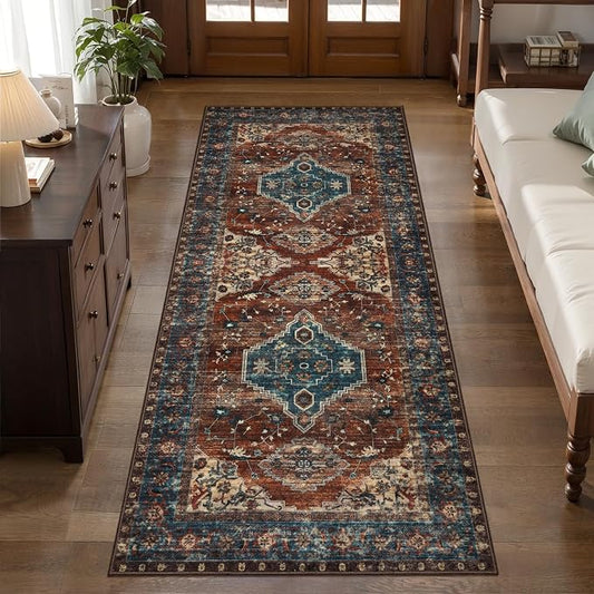 Tangsoo Oriental 2x6 Washable Runner Rugs for Hallways, Non Slip Runner Rug | Vintage Soft Low Pile Long Rug Runner, Boho Print Carpet Runners for Kitchen Bedroom Entryway Bathroom Living Room Rust/Blue