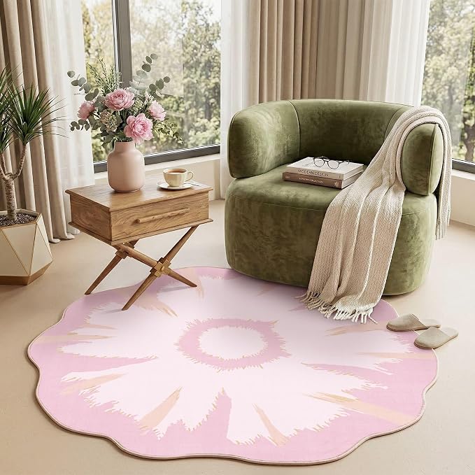 Latte&Fog 4ft Pink Round Area Rug for Girl Bedroom Washable Cute Circle Rug | Non Slip Low Pile Soft Floral Small Carpet for Kids Playroom Nursery Classroom Dorm Decor Dining Kitchen Farmhouse Office