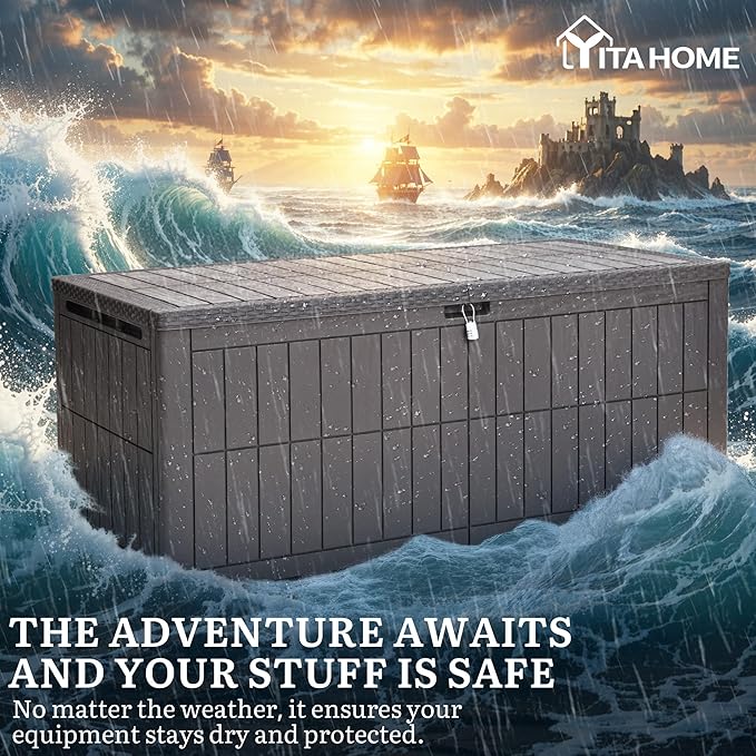 YITAHOME XXL 240 Gallon Extra Large Deck Box | Waterproof Resin Outdoor Storage Box with Lock and 3-Person Bench Seating for Patio Furniture Cushions,Garden Tools & Pool