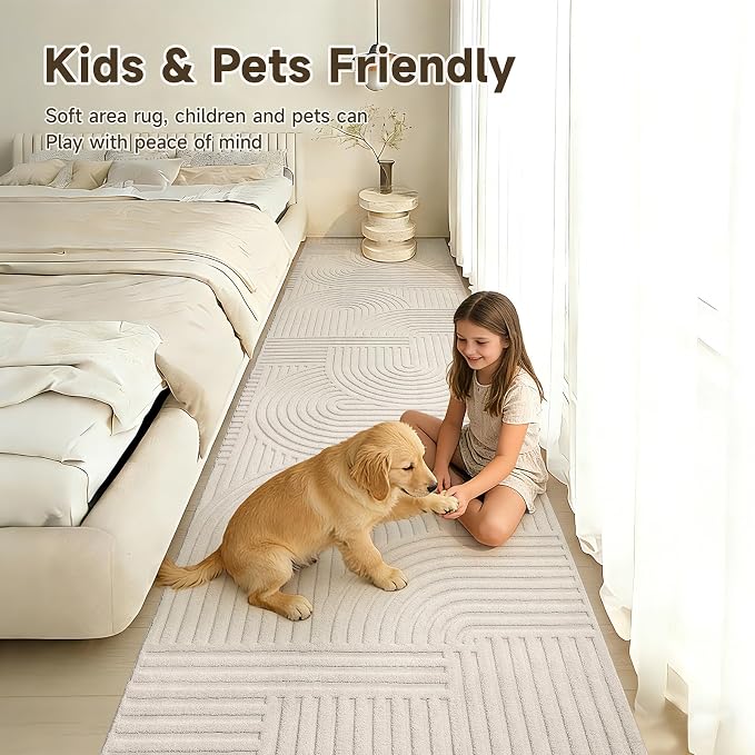 Pauwer 3x12 Area Rugs for Living Room, Modern Non Slip Washable Rug, Beige | Arch Pattern, Soft Fluffy, Neutral, Boho Accent, Solid Color Floor Carpet, For Kids Room Dining Room Nursery Entryway