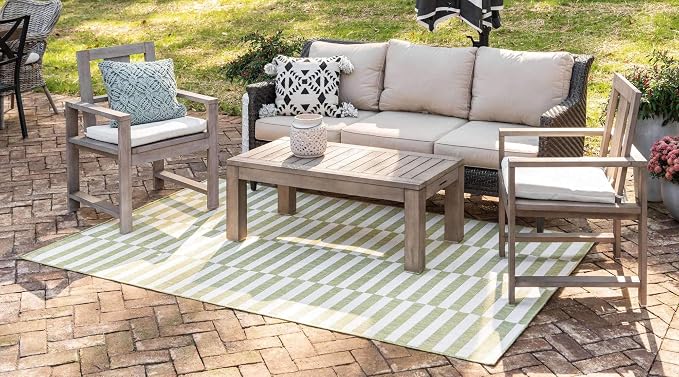 Unique Loom Outdoor Striped Collection Area Rug - Striped (7' 1" x 10' Rectangle, Green/Ivory)