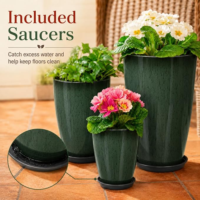 Neoaider Set of 3 Tall Planter, 24/21/12in Large Plastic Planter, DarkGreen | Ceramic-Look, Lightweight, Built-in Drain Hole, Saucers, Tall Outdoor Planter for Porch, Garden, Patio, Balcony