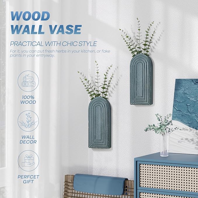 EOSAHR Pine Wood Wall Vases Set of 2 – Boho Decor Wall Planters for Indoor Plants & Flowers – Farmhouse Hanging Vases for House Decorations Living Room, Bedroom, Kitchen & Office (Denim Blue)