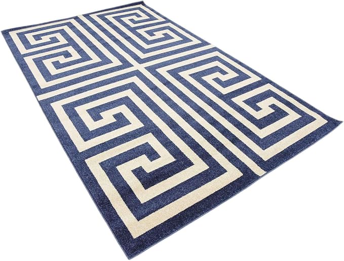 Unique Loom Athens Collection Classic Geometric Modern Border Design Area Rug (5' 0 x 8' 0 Rectangular, Navy Blue/ Beige)