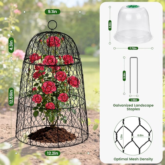 12 Pack XL Metal Garden Cloches for Plants, 17" Height Rustproof Chicken Wire Cloches for Seedlings, Vegetables & Flowers, Plant Protectors from Animals Includes 12 Humidity Domes & 48 Stakes - Black